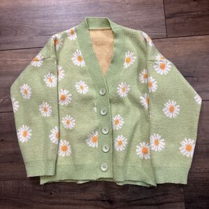 Floral Pattern Button Front Cardigan Girl Women Green White Yellow Sweater